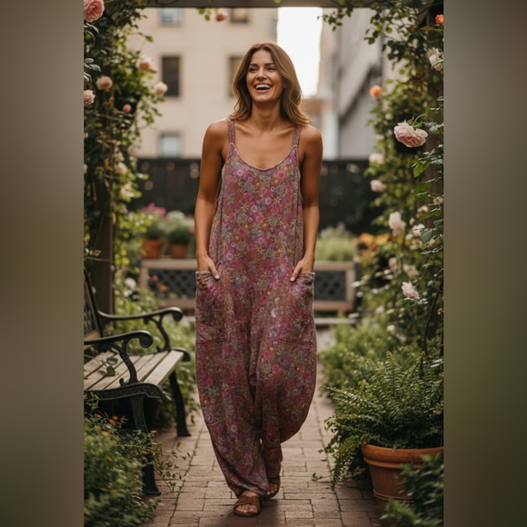 Natural Life Lucy Jumpsuit Size L Floral Flowy Boho Oversized Comfy EUC Cottage - Picture 9 of 9
